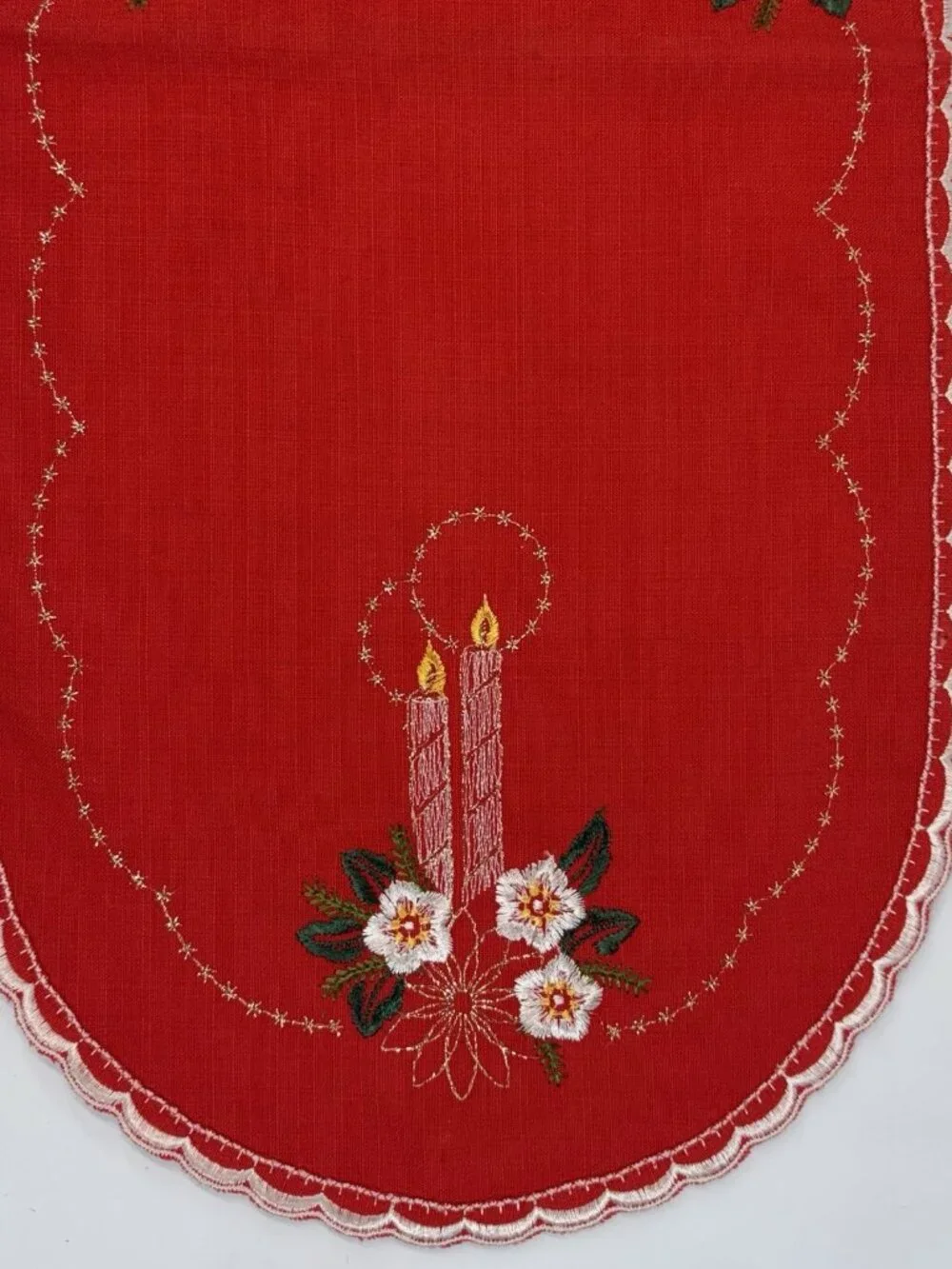 VTG W Germany Red Christmas Table Runner Embroidered Floral Candles Centerpiece